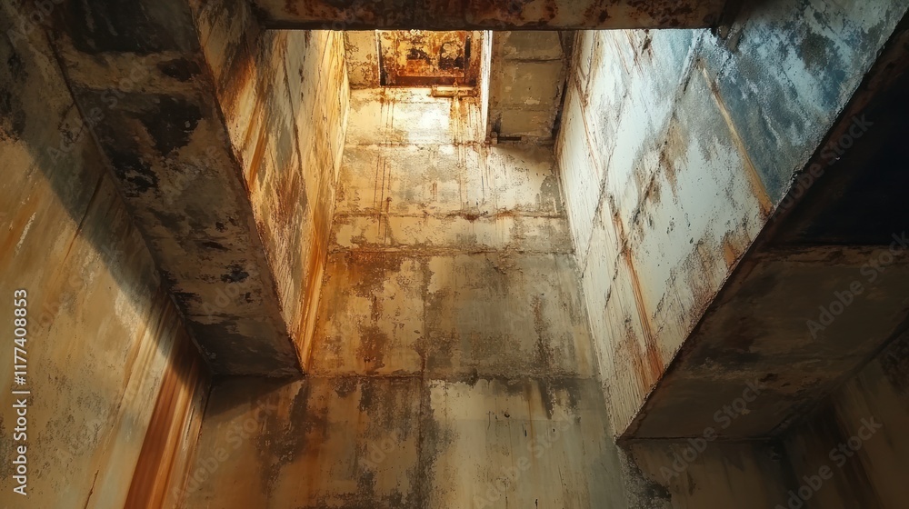 Poster a view of a weathered, industrial space with rusted walls and a shaft of light.