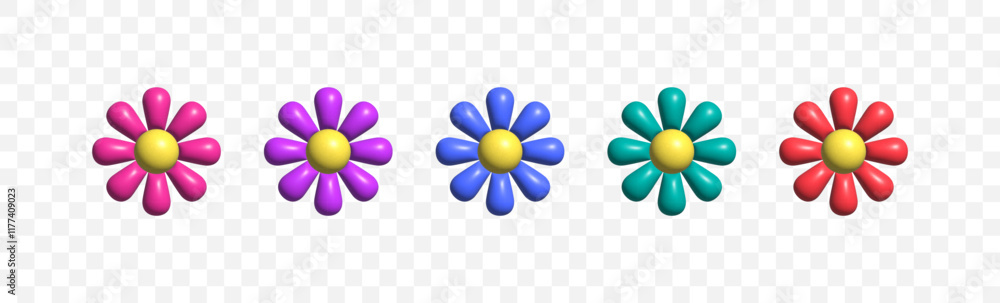 Poster 3D flowers set of different colors. Volume 3d icons of flower. Elements for design for banners, cards or web design and apps. Vector.