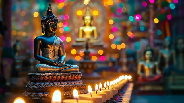 Buddha on Altar with Garlands and Candles