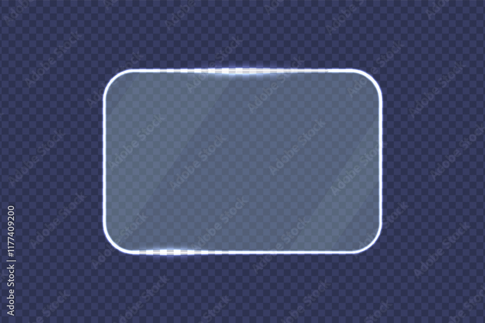 Poster glass plate with neon frame. neon glass frame with gleams and light reflections. luminous rectangle 