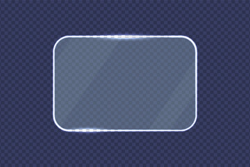 Glass plate with neon frame. Neon glass frame with gleams and light reflections. Luminous rectangle acrylic or plexiglass plate on transparent background. Vector.