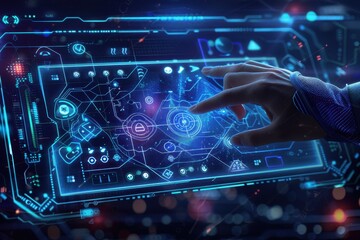 A hand interacting with a futuristic digital interface