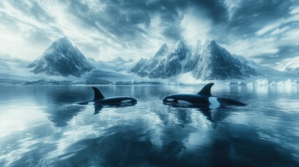 Fototapeta premium Breathtaking image captures a pod of orcas or killer whales surfacing in perfect synchronized motion during a chilly northern sea adventure