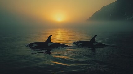 Fototapeta premium Breathtaking Orcas Surfacing in Unison During a Chilly Northern Sea Journey Showcasing Their Graceful Unity and Cooperative Movement
