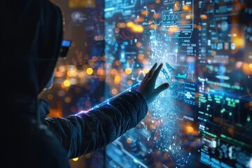 Person in a dark jacket interacting with a holographic display