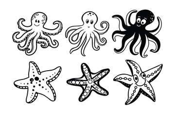 Hand-Drawn Octopus and Starfish Illustrations  
