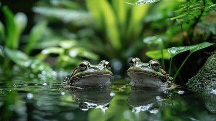 Obraz premium Frogs croaking joyfully in a lush verdant rainforest pond creating a natural melody that harmonizes with the surrounding tropical environment