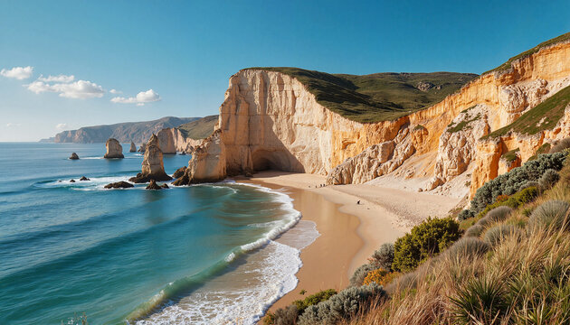 Stunning coastal cliffs and serene beach with blue ocean, natural beauty