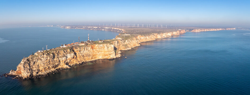 Aerial view of Kaliakra Cape, Bulgaria, Black Sea. Kaliakra is a nature reserve. It sits on the Via Pontica, a major bird migration route from Africa into Eastern and Northern Europe.