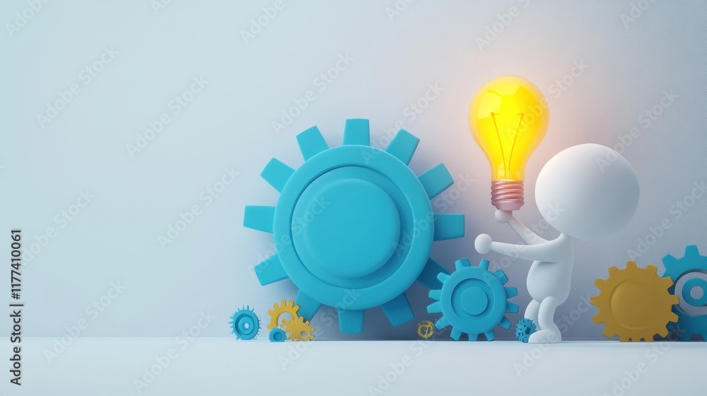 Poster 3d render of a figurine holding a light bulb near gears symbolizing innovation and problem solving