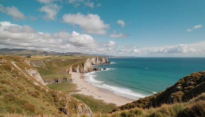 Scenic coastal view with golden beach and cliffs, natural beauty
