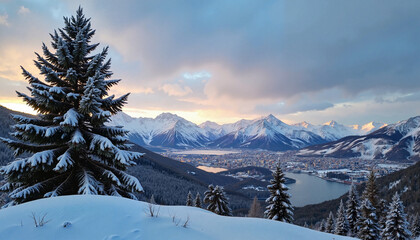 Snowy mountain landscape with pine trees at sunset, winter serenity