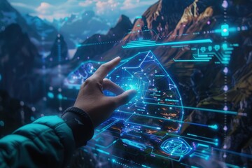 Fototapeta premium Hand Interacting with Futuristic Holographic Interface Displaying a Map of a Mountainous Landscape