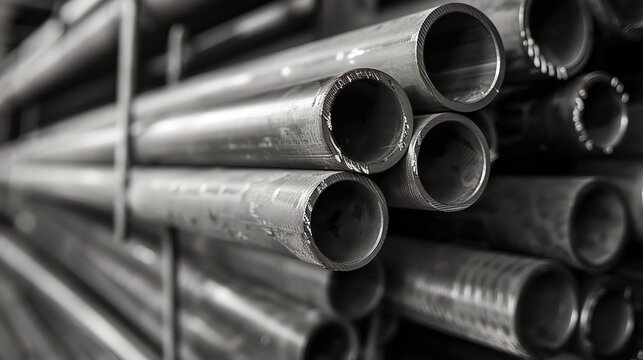 A black-and-white photo of stacked pipes, including round steel tubes, flat metal bars, and angle steel at a construction site, with selective focus highlighting material precision.