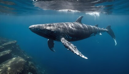 Fototapeta premium Humpback whale swimming underwater, sea animal photography, underwater oceanic view