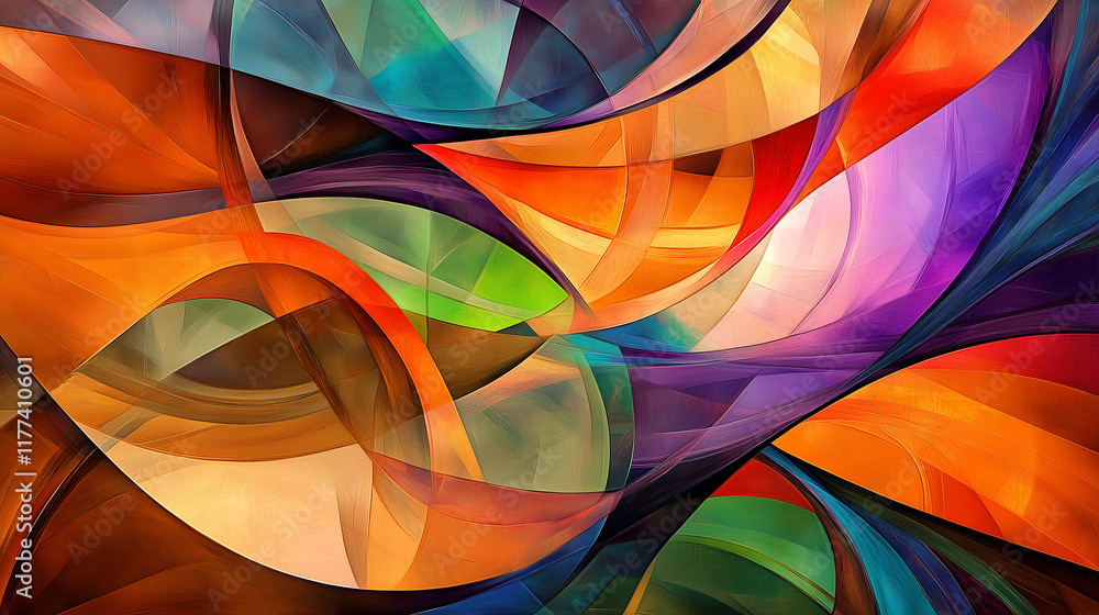 Poster colorful abstract digital artwork with sharp angles and fluid lines symbolizing the complexity of mo