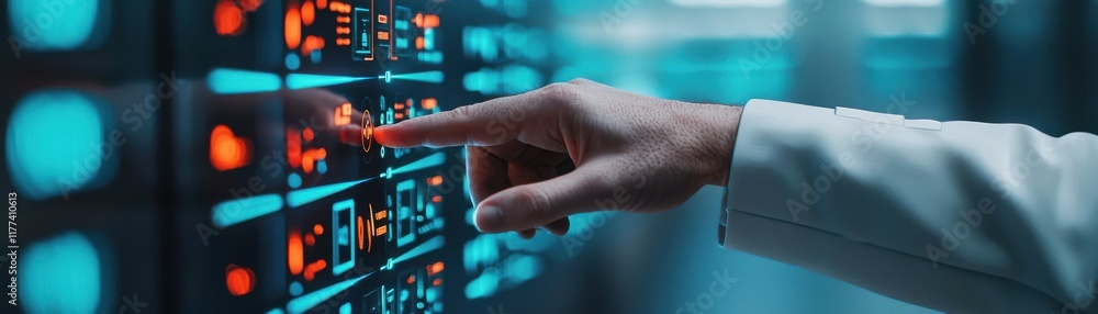 Poster a hand in a lab coat interacts with a high-tech control panel featuring glowing buttons and screens,