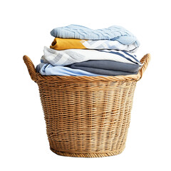 laundry basket with clean folded clothes inside, white background