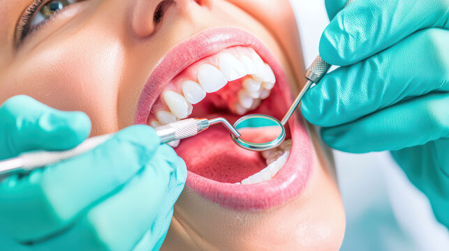 Dental professional examines patient teeth with precision tools