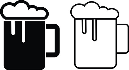 Depiction of frothy beer mug icon set isolated on transparent background. Ideal for pubs, breweries, and beer enthusiasts seeking vintage charm black flat and line vector collection drink glass symbol