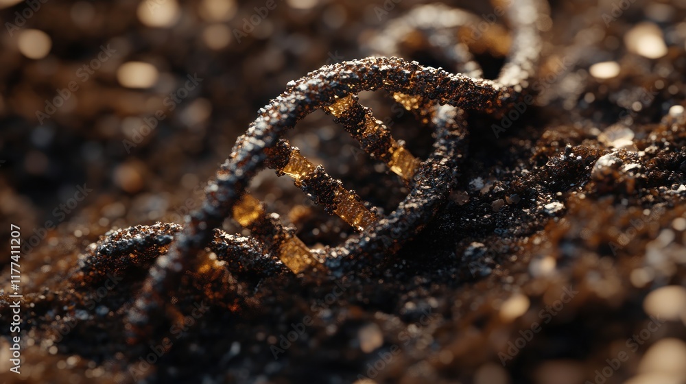 Poster detailed close-up of a dna helix embedded in dark soil.