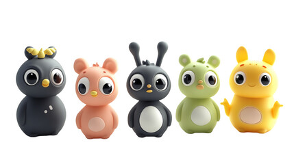 Fototapeta premium cute animal figurines with exaggerated features, like big eyes and round bodies, isolated on a white background