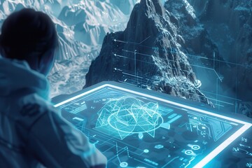 Futuristic Technology Interface with Mountainous Landscape