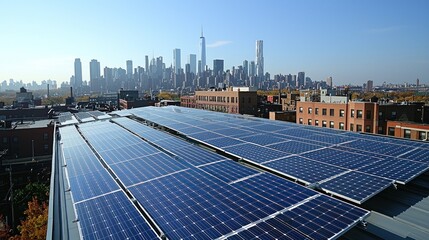 Rooftop solar panels on urban building with NYC skyline background, generating clean energy