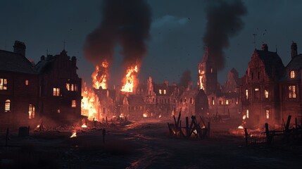A war-torn cityscape engulfed in flames and smoke, depicting destruction and chaos.