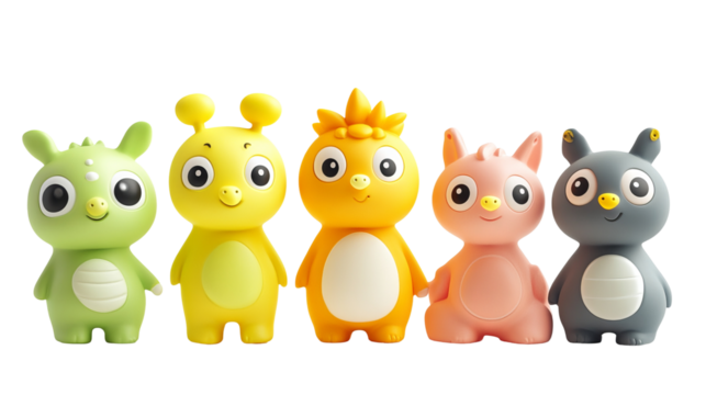 cute animal figurines with exaggerated features, like big eyes and round bodies, isolated on a white background