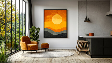 Mid-Century Modern Landscape: Sunlit Hills in Minimalist Home Decor