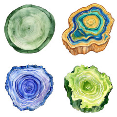 Artistic display of colorful wood cross sections natural environment watercolor artwork creative perspective