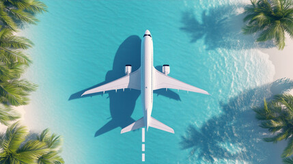 Obraz premium A minimalistic 3D illustration showcasing a plane on the runway from above, with a blue backdrop.