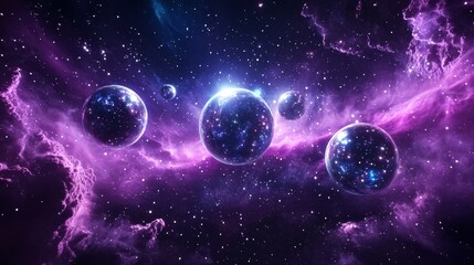Surreal orbs glide through a vibrant space filled with glittering stars and a dreamlike nebula, creating an otherworldly, glowing celestial vision