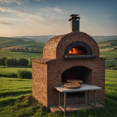 A rustic brick oven with a pizza baking inside, surrounded by a beautiful countryside landscape with green fields and distant hills.