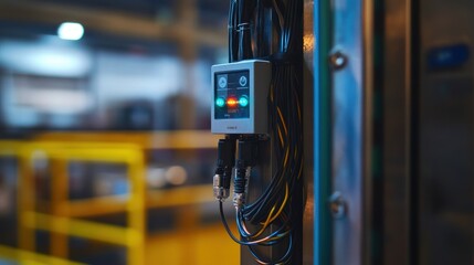 Electrical control panel displaying green and red indicator lights, attached to a metal structure with various cables and connectors, inside a blurred industrial environment
