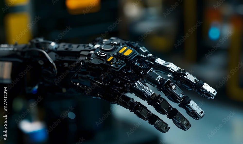 Aufkleber close-up of a complex robotic hand with intricate details and metallic components.