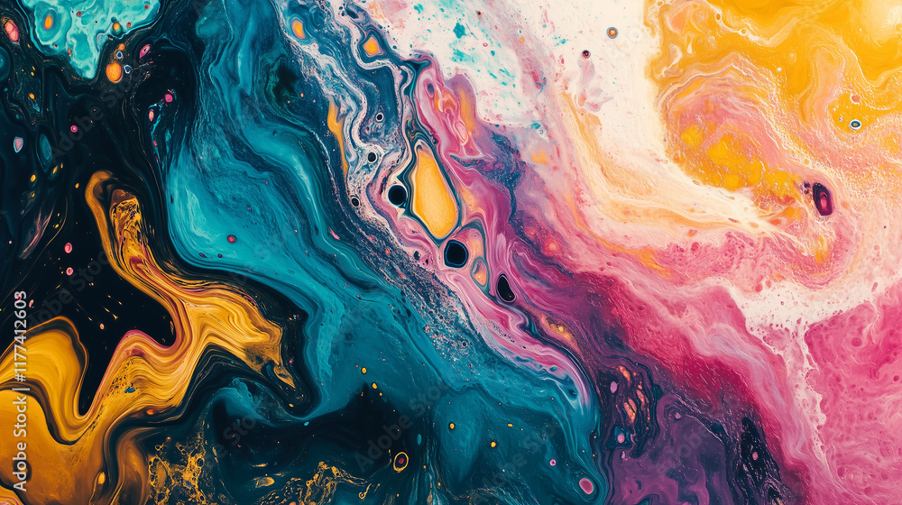 Poster colorful digital abstract art with fractal patterns and fluid shapes symbolizing creativity and digi