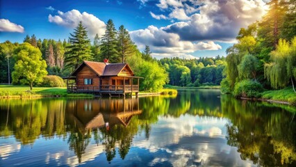 Obraz premium Escape to a cozy lakeside cabin, bathed in sunshine, offering stunning waterfront views and peaceful nature photography opportunities.