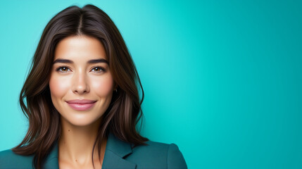 Fototapeta premium A fashionable woman in her 30s with sleek brunette hair and a tailored teal blazer