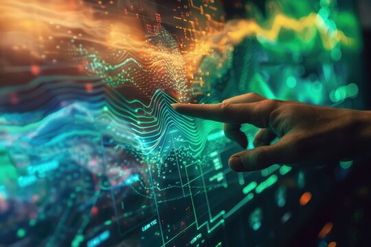 Hand Interacting with Digital Data Visualization Display
