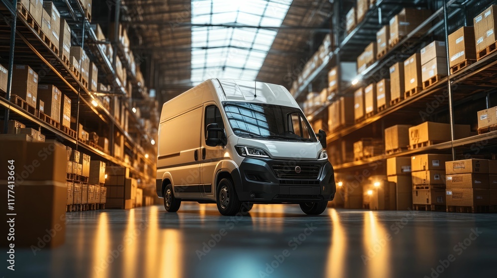 Poster efficient warehouse and logistics with fast delivery vans for express shipping and distribution of c
