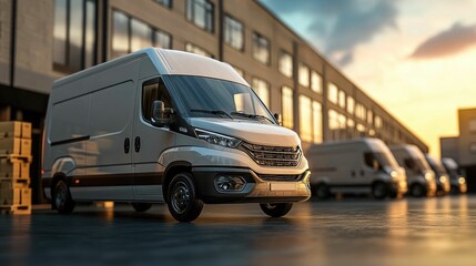 Express delivery vans rapidly transporting cargo and packages through a bustling urban setting at sunset showcasing the speed efficiency and technology of modern logistics and distribution services