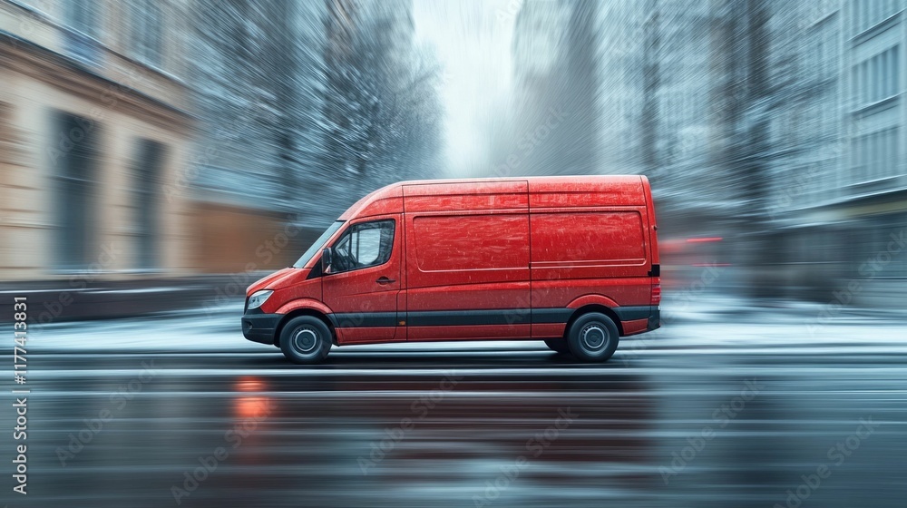 Poster high speed delivery van rapidly navigating busy city streets representing efficient and reliable exp