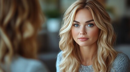 Obraz premium Portrait of a Young Woman with Wavy Blonde Hair Sitting in a Bright Room, Expressing Confidence and Serenity, Capturing Natural Beauty and Soft Light