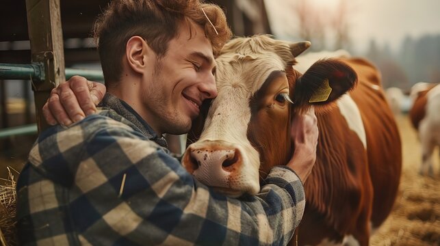 A cheerful young farmer gently hugs a cow, symbolizing animal healthcare, with a modern dairy farm setup, clean stables, and advanced equipment in the background