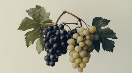 Obraz premium two bunches of grapes, one dark and one light, hang from a vine.