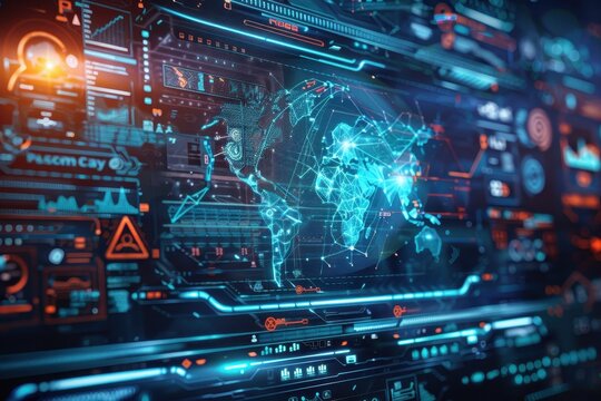 Futuristic Digital Interface with World Map and Data