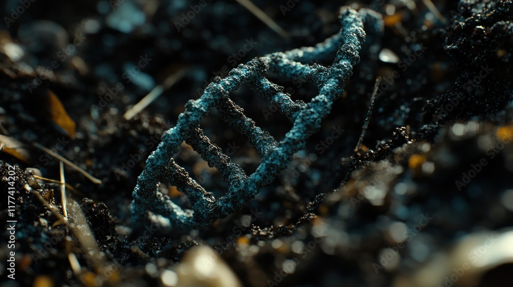 Poster dna molecule embedded in soil, revealing the intricate connection between life and earth.