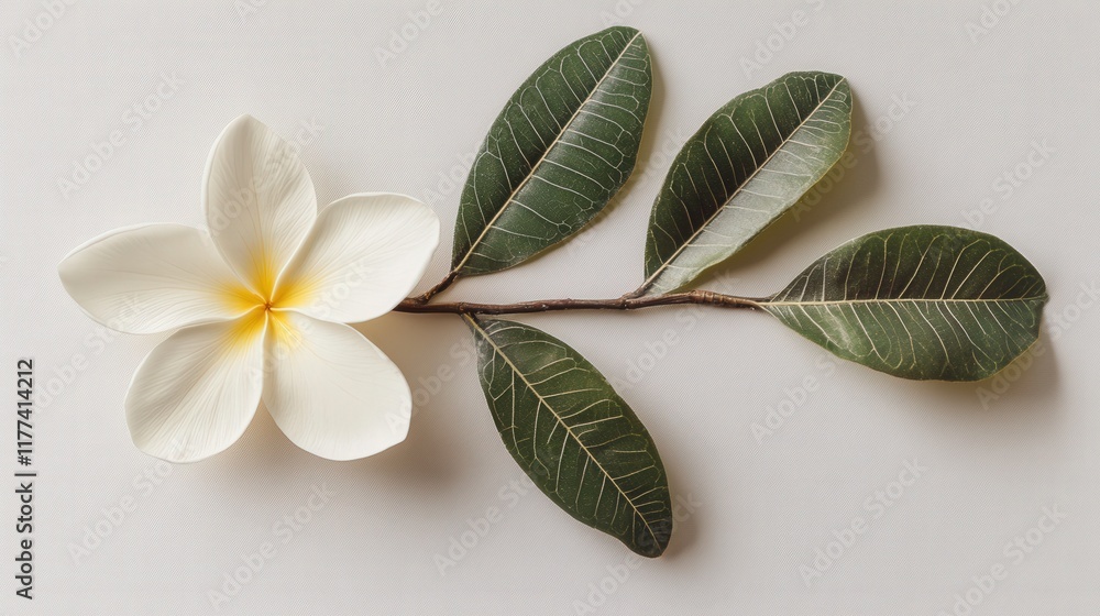 Wall mural a white plumeria flower with leaves